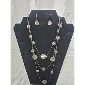 Vintage VCLM  Necklace & Earring Set Coin Silver Tone Three Strand Necklace